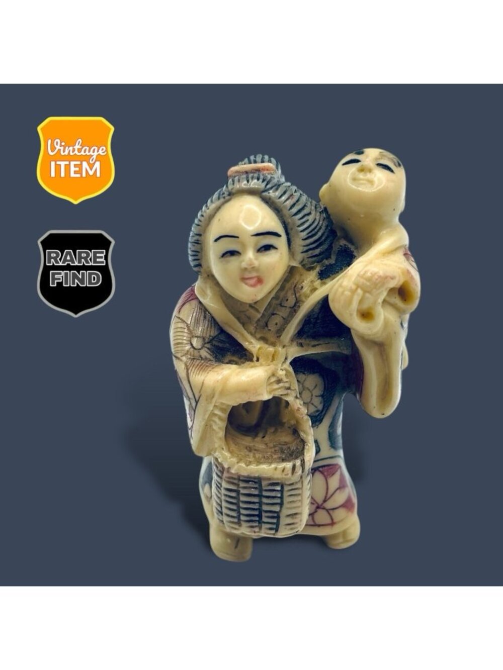 Vintage Japanese Netsuke Figure Parent Holding Child. SIGNED! RARE!